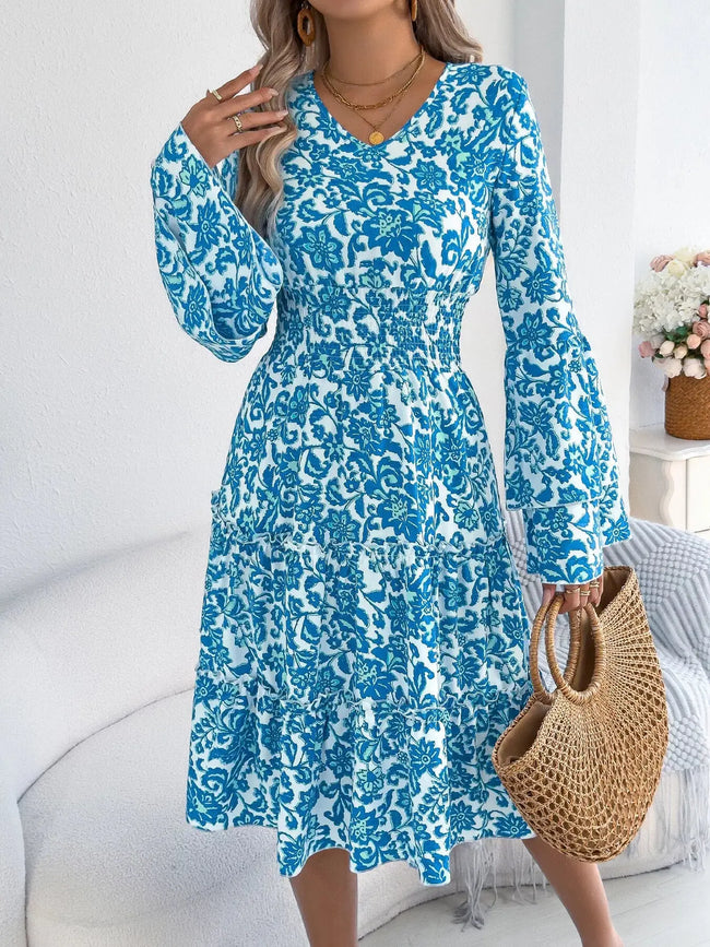 Floral Print Smocked Ruffle Hem Flared Sleeve Dress  Style Ratio