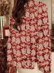 Floral Print Split Neck Pleated Long Sleeve Blouse  Style Ratio
