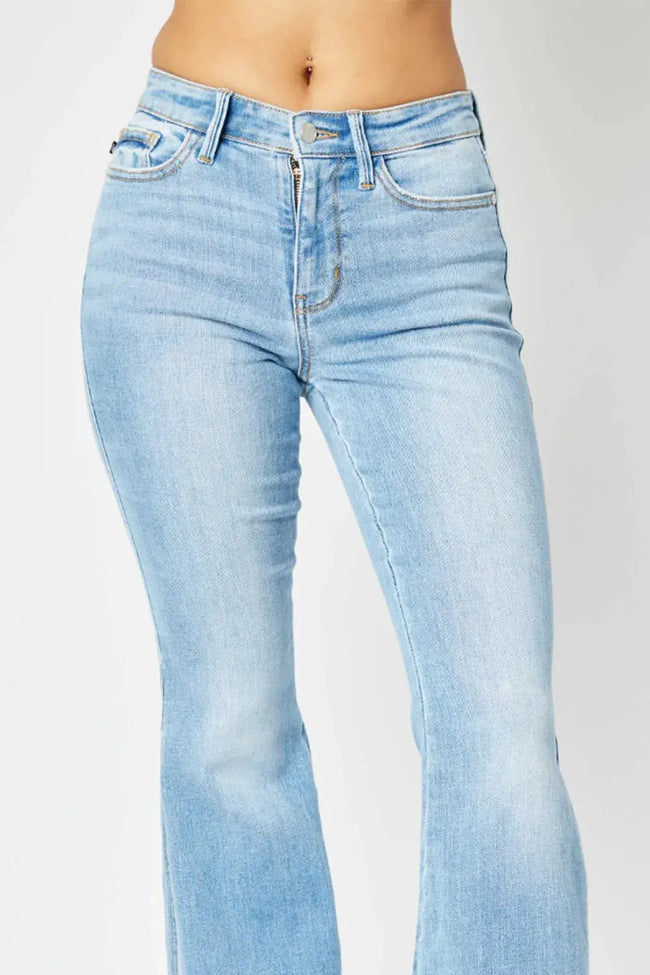 Judy Blue Full Size Mid Rise Raw Hem Slit Flare Jeans  Style Ratio