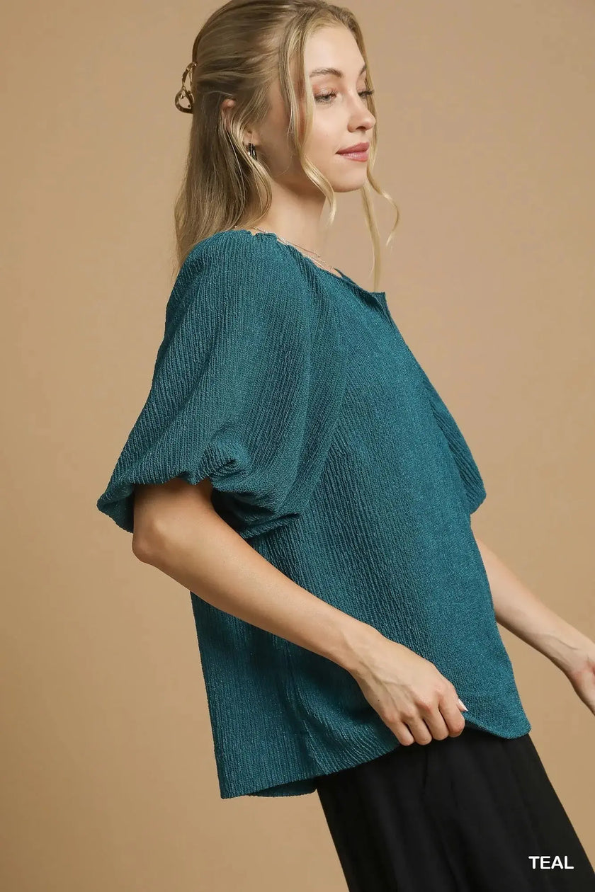 Umgee Textured Flutter Sleeve Notch Neck Blouse  Style Ratio