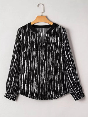 Abstract Printed Notched Long Sleeve Blouse  Style Ratio