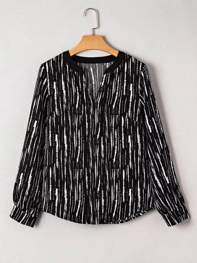 Abstract Printed Notched Long Sleeve Blouse  Style Ratio