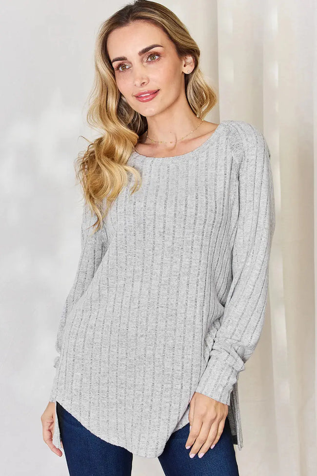 Basic Bae Full Size Ribbed Round Neck Long Sleeve Shirt  Style Ratio