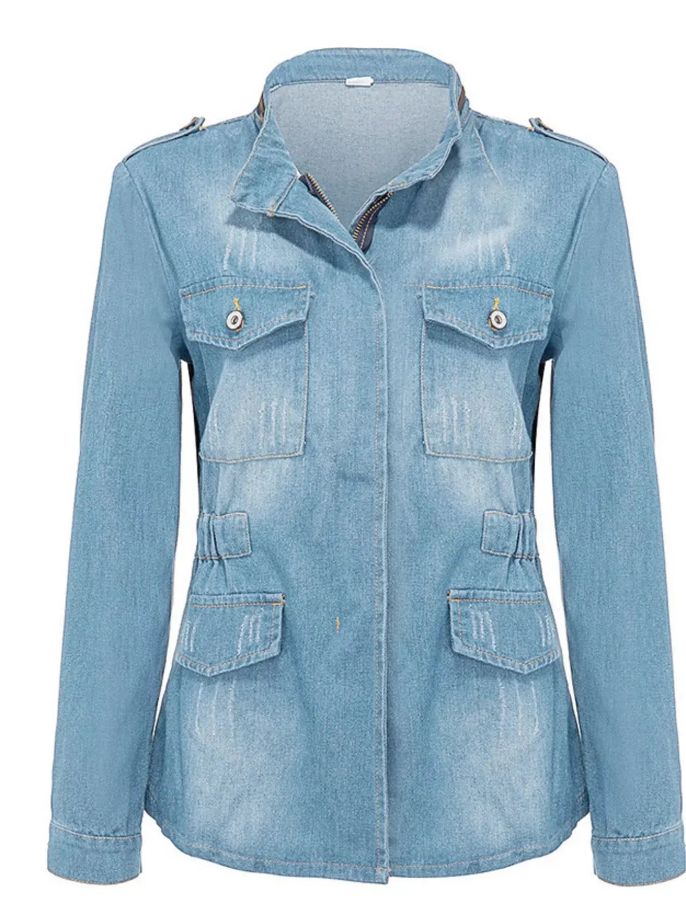Full Size Chest Pocket Zip Up Denim Jacket  Style Ratio
