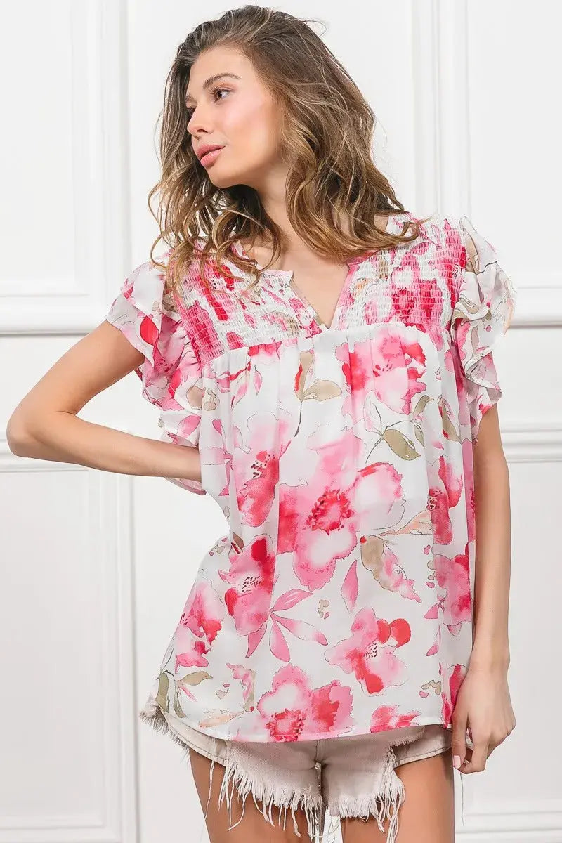 BiBi Floral Print Flutter Sheer Blouse  Style Ratio
