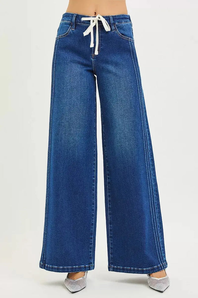 RISEN Full Size Mid Rise Wide Side Pintuck Jeans with Front Drawstring  Style Ratio