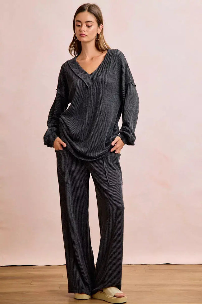 BiBi Two Tone Cord Rib Contrast Stitching V-Neck Top and Pants Set  Style Ratio