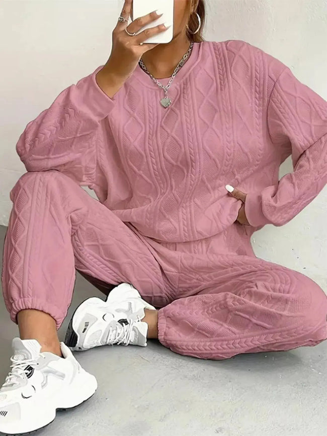 Texture Round Neck Top and Pants Loungewear  Style Ratio