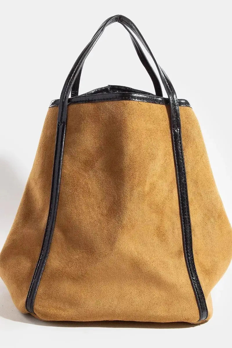 Fame Suede Tote Faux Leather Trim Shoulder Strap  Style Ratio