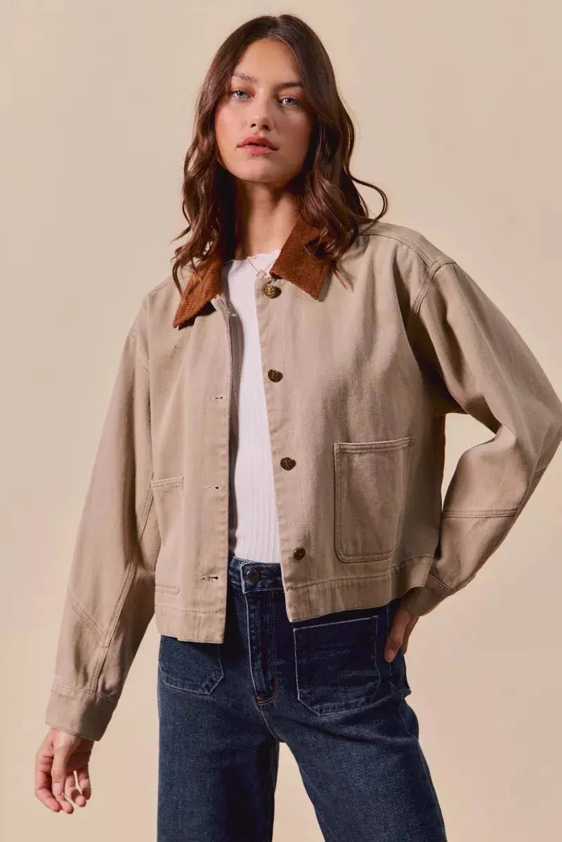 SO ME Cotton Twill Cropped Barn Jacket wtih Collar  Style Ratio
