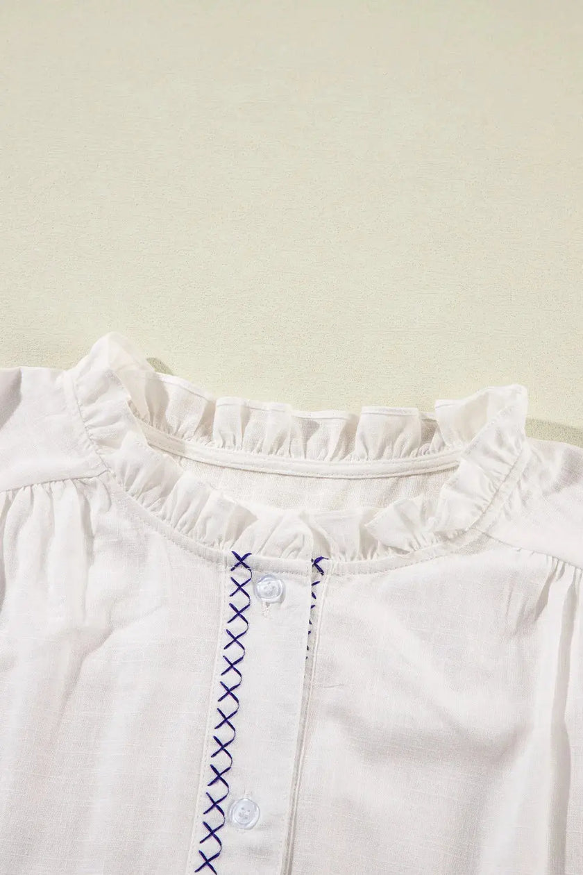 Frill Floral Embroidered Sleeve Blouse  Style Ratio