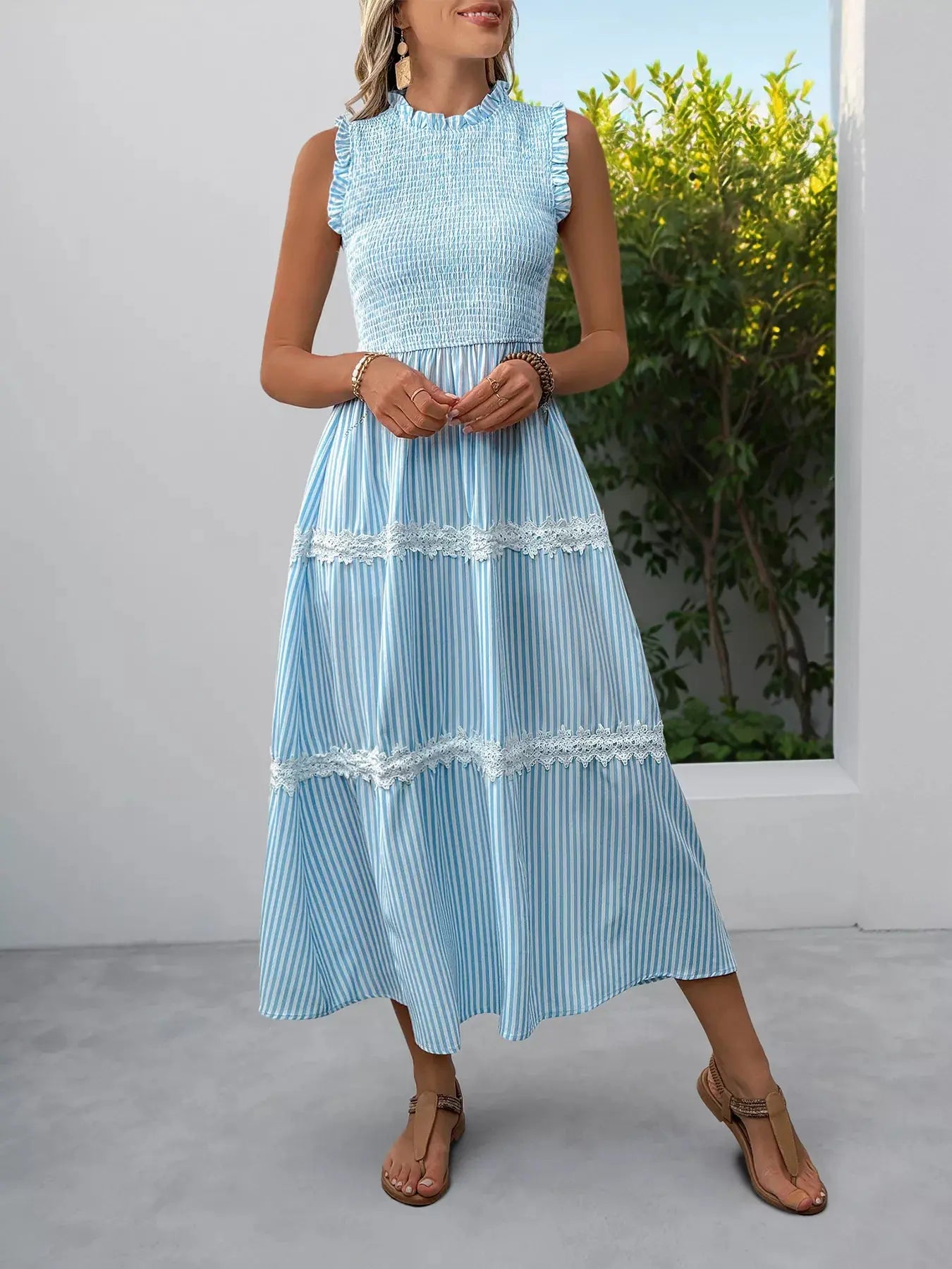 Striped Smocked Sleeveless Tiered Midi Dress  Style Ratio