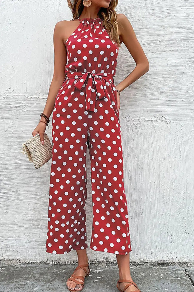 Perfee Polka Dot Grecian Wide Leg Jumpsuit  Style Ratio