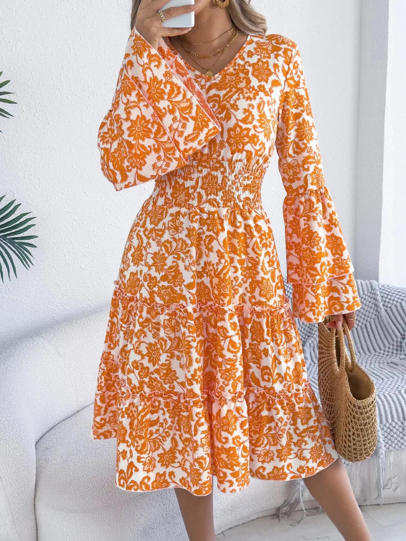 Floral Print Smocked Ruffle Hem Flared Sleeve Dress  Style Ratio