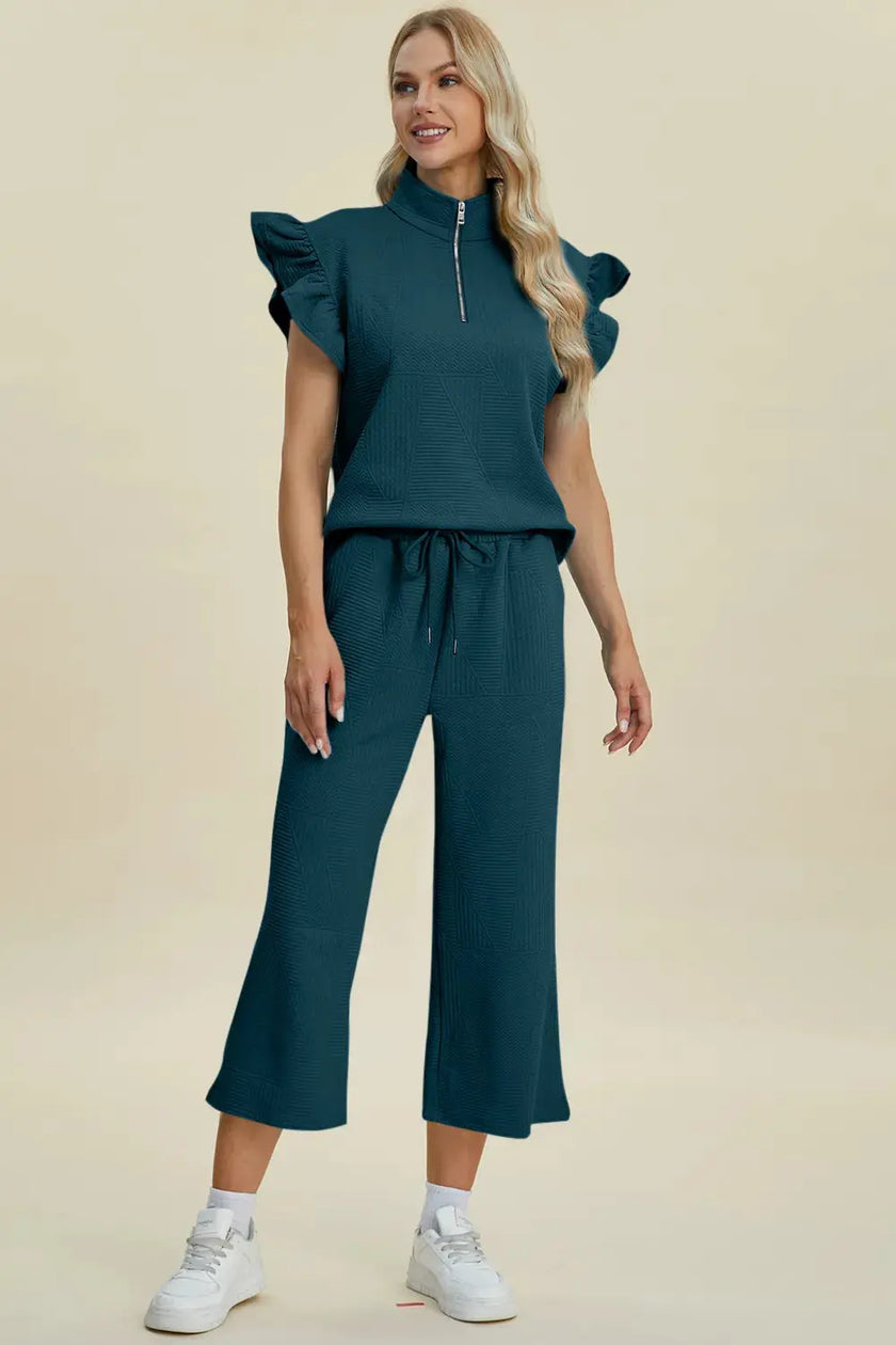 Double Take Full Size Texture Ruffle Short Sleeve Top and Wide Leg Pants Set  Style Ratio