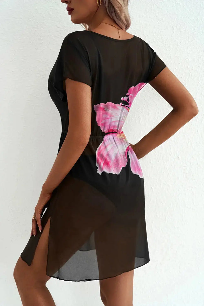 Floral Print V Neck Semi Sheer Beach Cover Up  Style Ratio