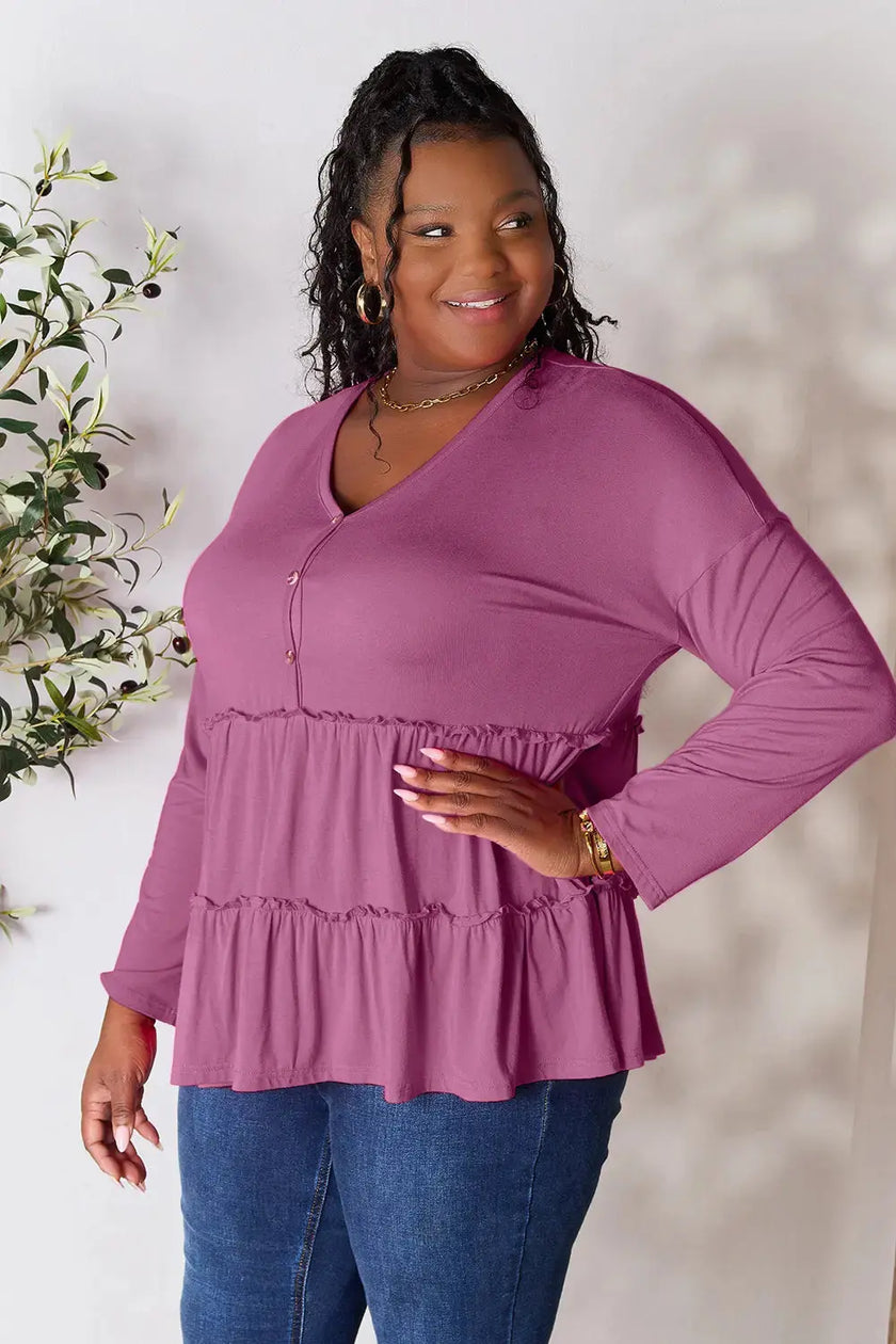 Double Take Half Button Long Sleeve Ruffle Hem Blouse  Style Ratio