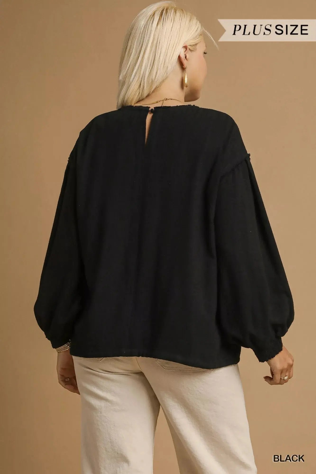 Umgee Full Size Linen Long Sleeve Top with Drawstring  Style Ratio