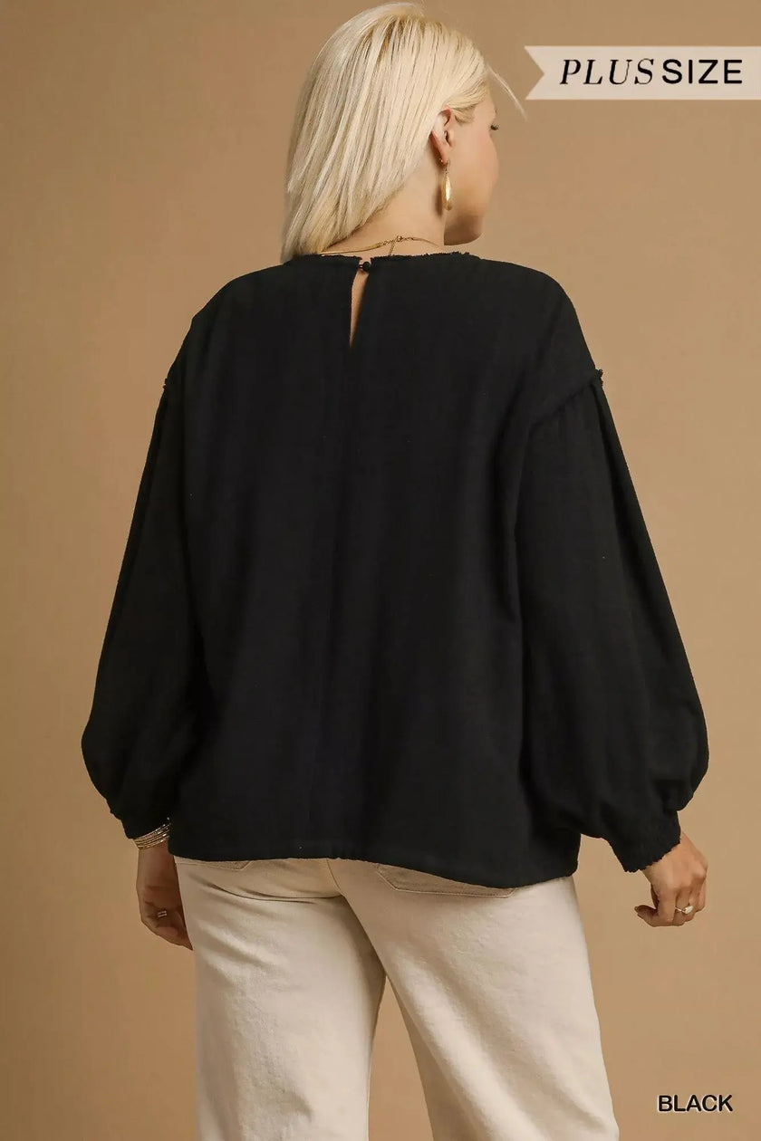 Umgee Full Size Linen Long Sleeve Top with Drawstring  Style Ratio