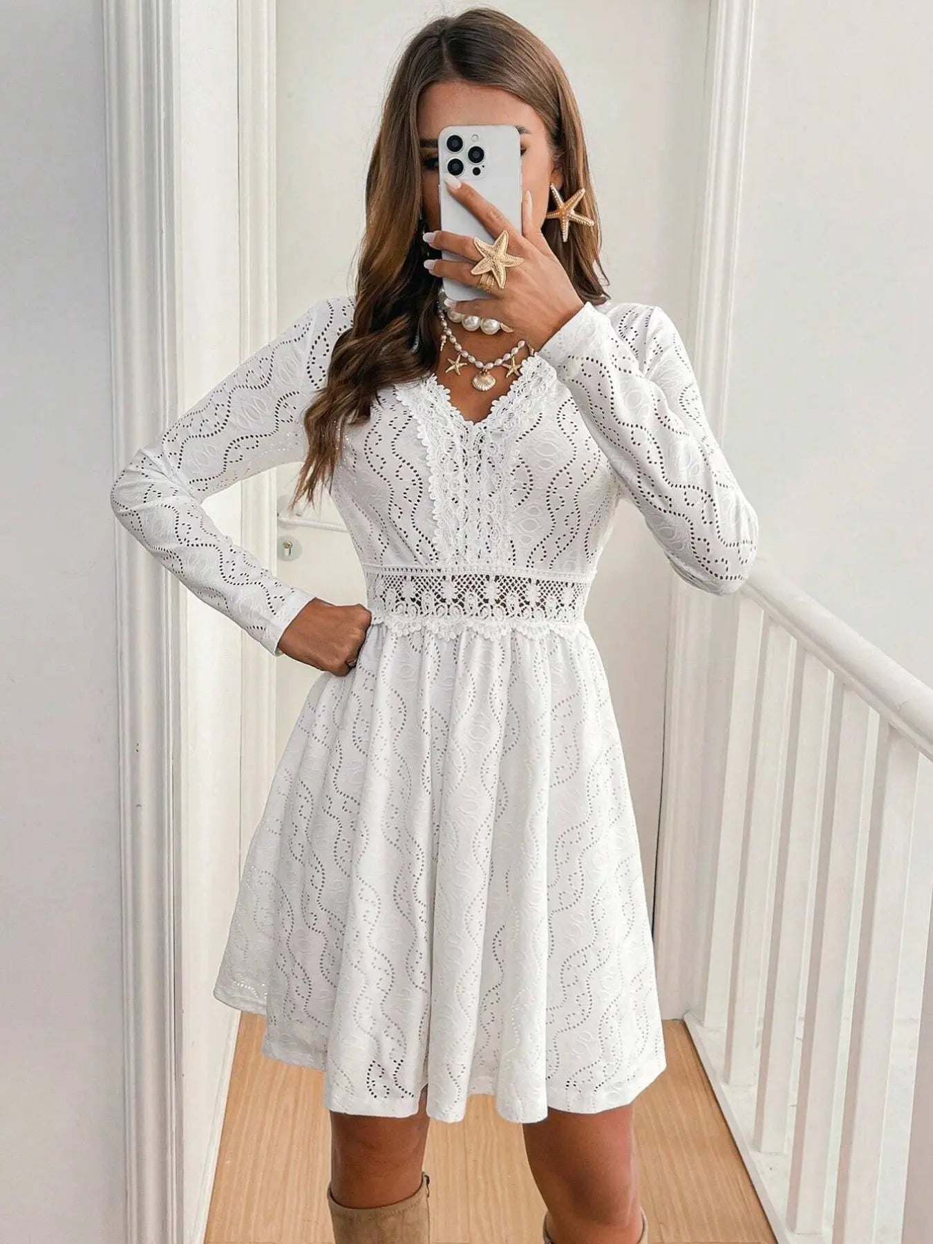 Lace Openwork Long Sleeve V-Neck Dress  Style Ratio