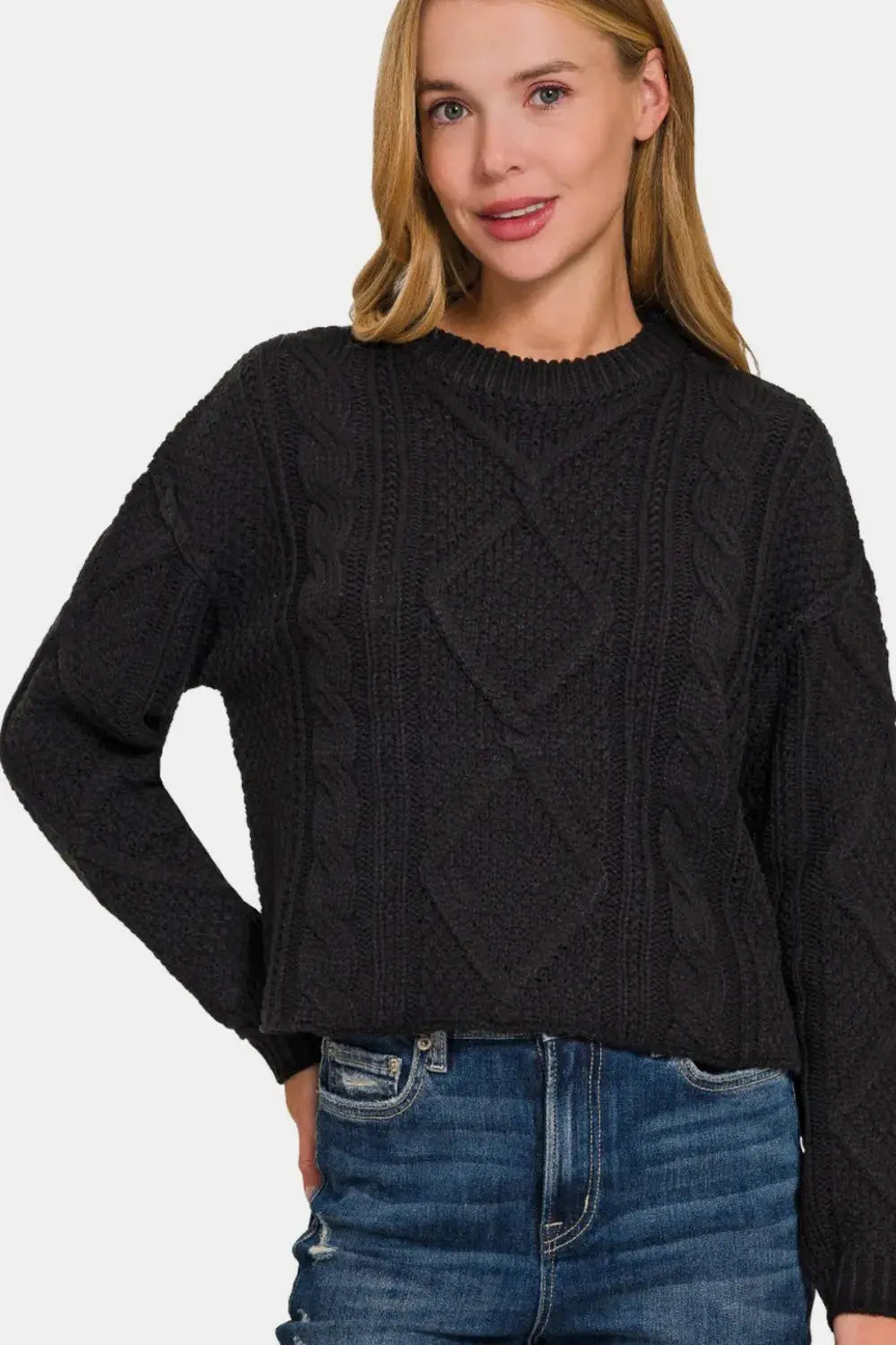 Zenana Cropped High Low Cable Sweater with Side Slits  Style Ratio