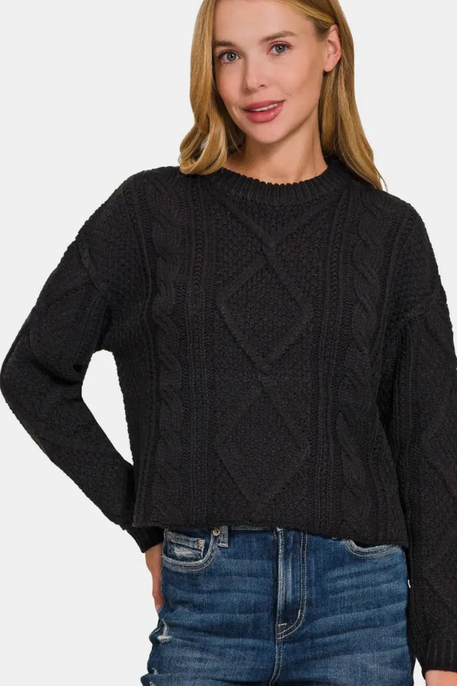 Zenana Cropped High Low Cable Sweater with Side Slits  Style Ratio