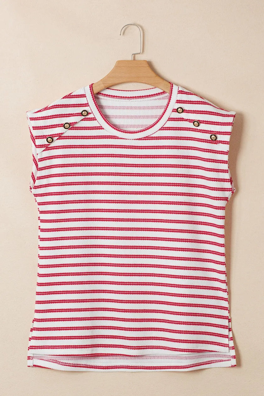 Stripe Textured Knit Button Detail Short Sleeve Shirt  Style Ratio