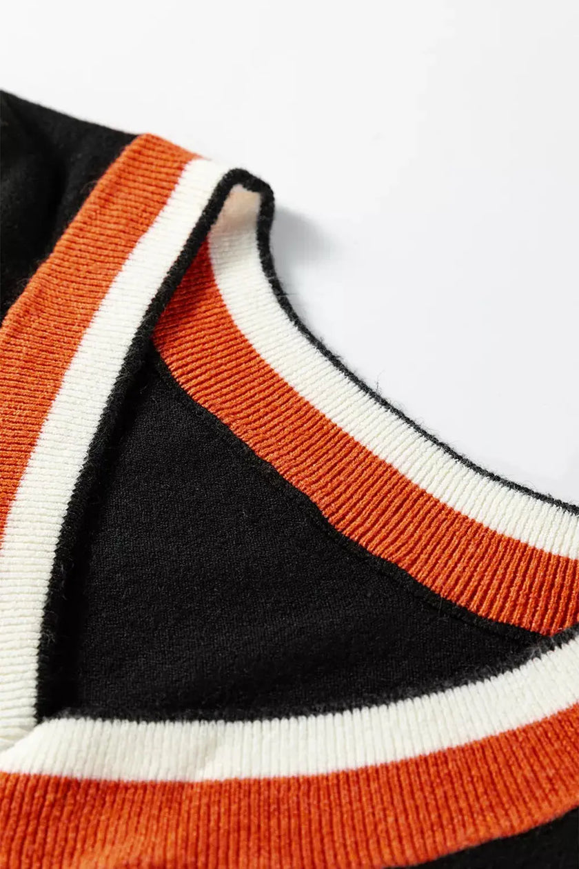 Contrast Striped Trim V Neck Varsity Sweater  Style Ratio
