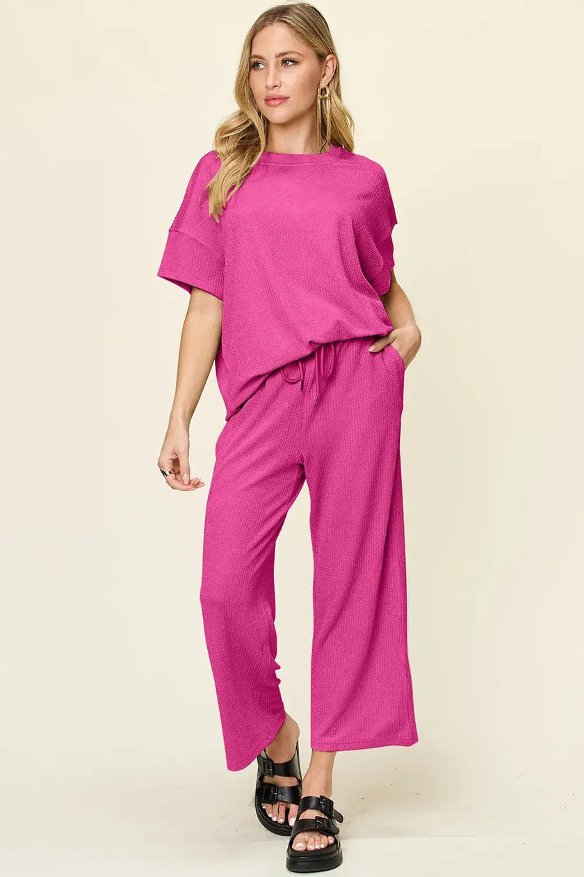 Double Take Texture Round Neck Short Sleeve Shirt and Wide Leg Pants  Style Ratio