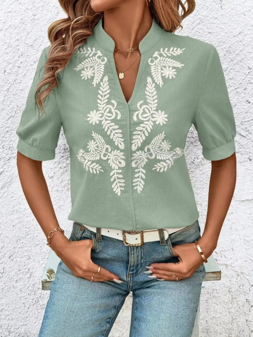 Embroidered Notched Short Sleeve Blouse  Style Ratio