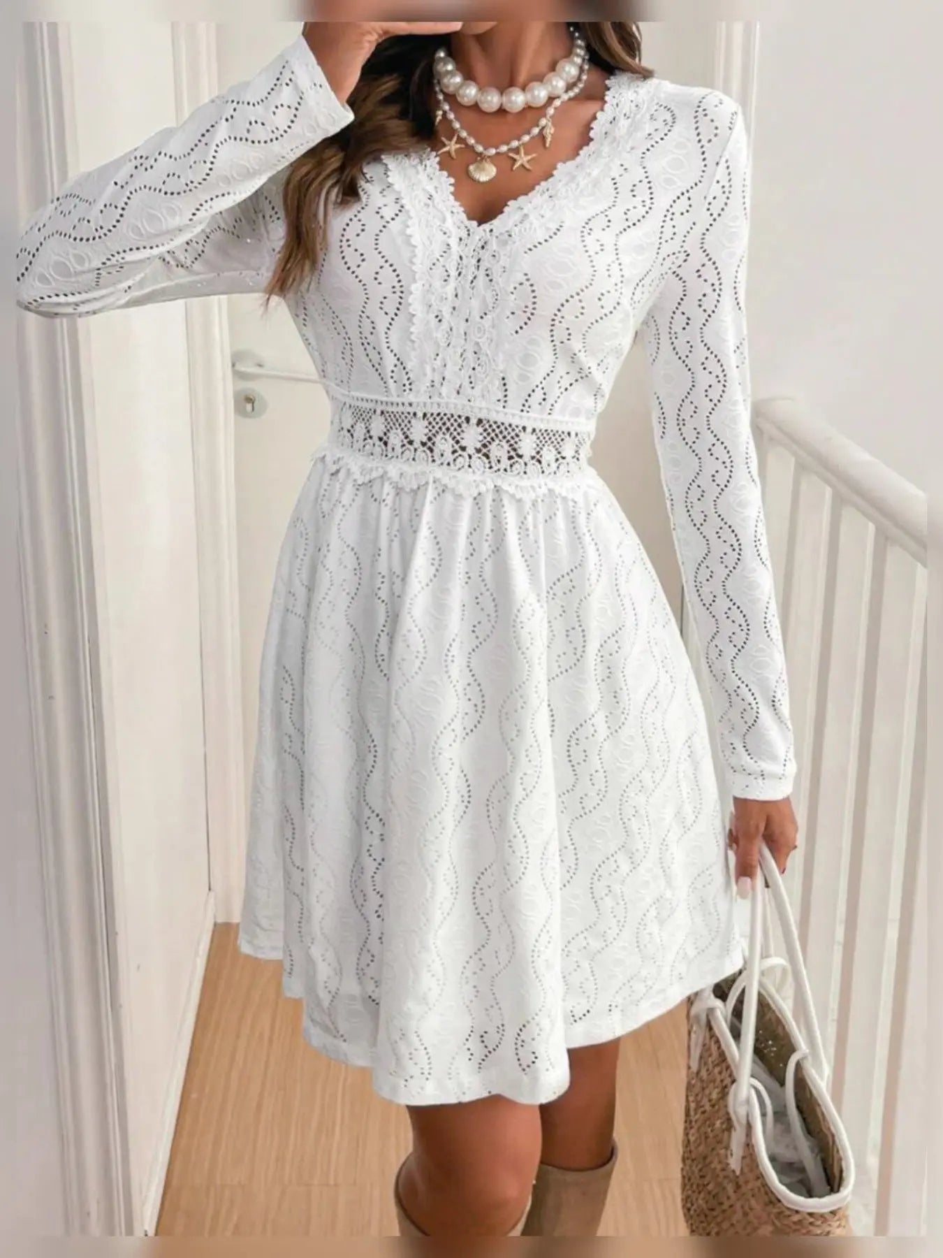 Lace Openwork Long Sleeve V-Neck Dress  Style Ratio