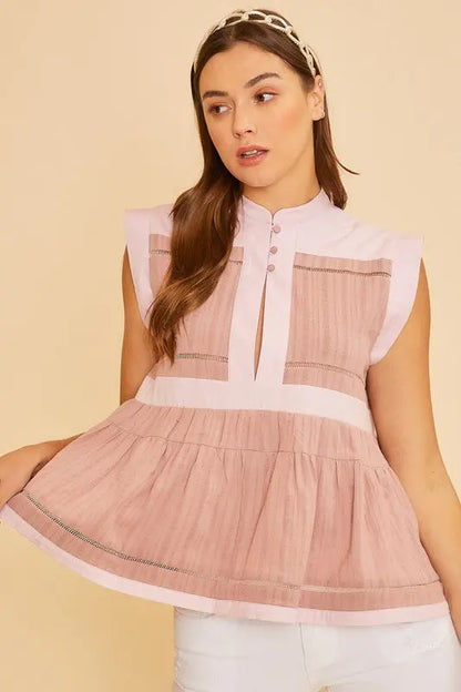 Annie Wear Contrast Trim Peplum Button Detail Blouse Trendsi
