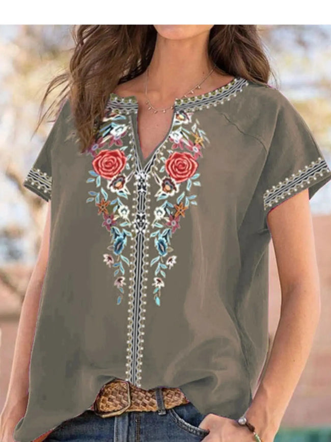 Full Size Floral Notched Short Sleeve Blouse  Style Ratio
