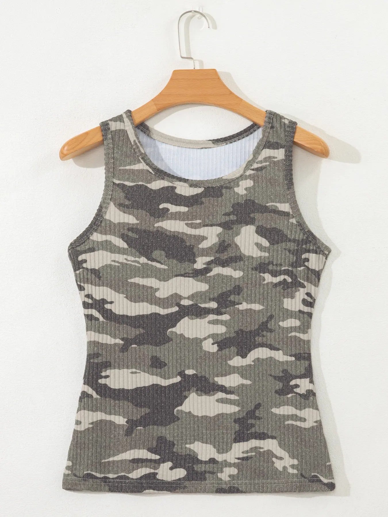 Camouflage Print Ribbed Knit Round Neck Tank Top  Style Ratio