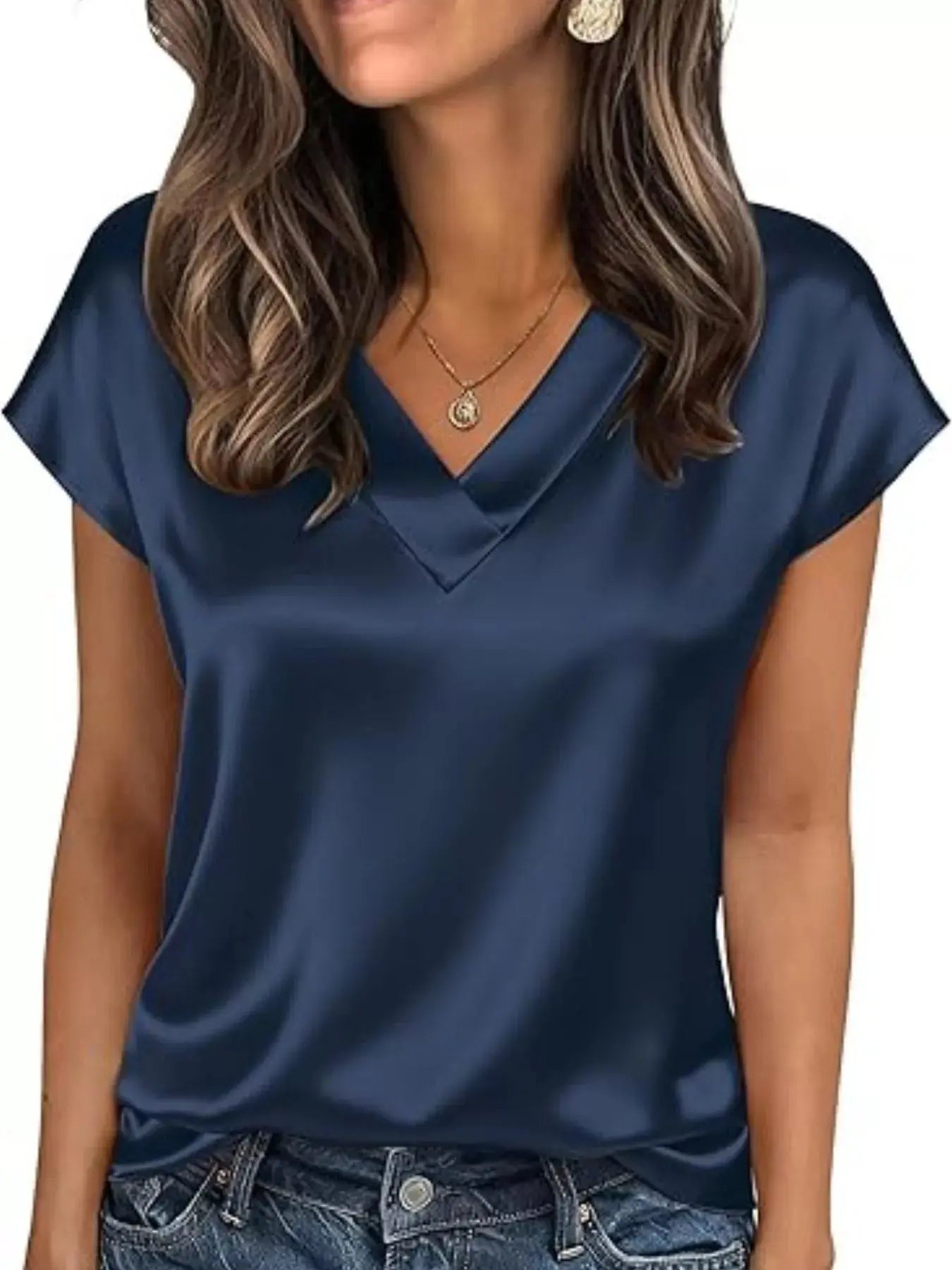 Satin V-Neck Short Sleeve Blouse  Style Ratio