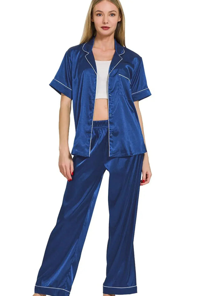 Zenana Satin Short Sleeve Top and Pants Loungewear  Style Ratio