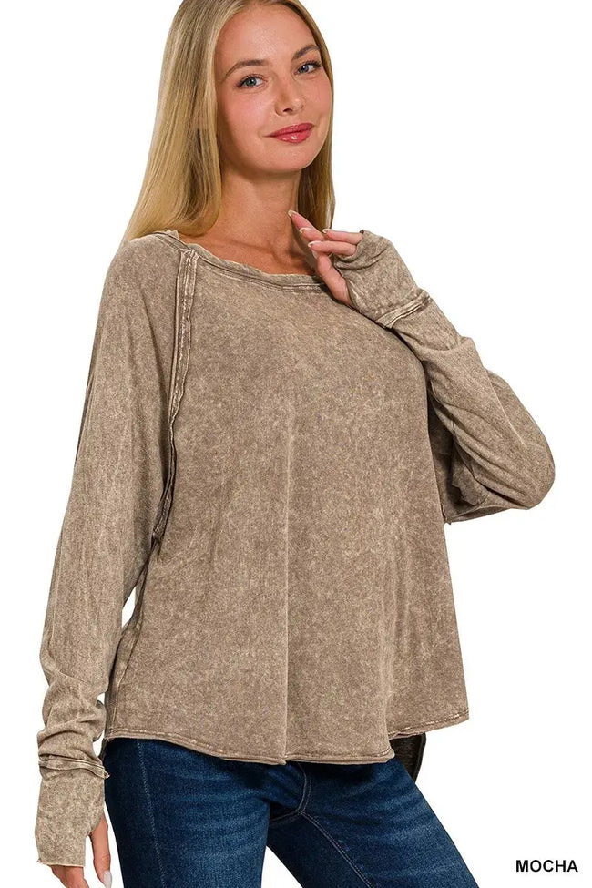 Zenana Crinkle Washed Thumb Hole Cuffs Long Sleeve Top  Style Ratio