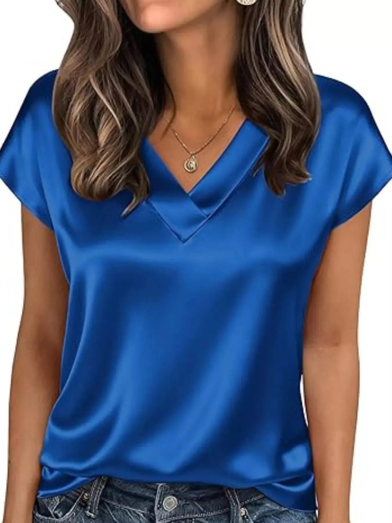 Satin V-Neck Short Sleeve Blouse  Style Ratio