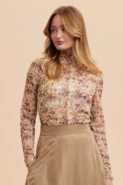 Annie Wear Floral Lettuce Hem Sheer Mesh Blouse Trendsi