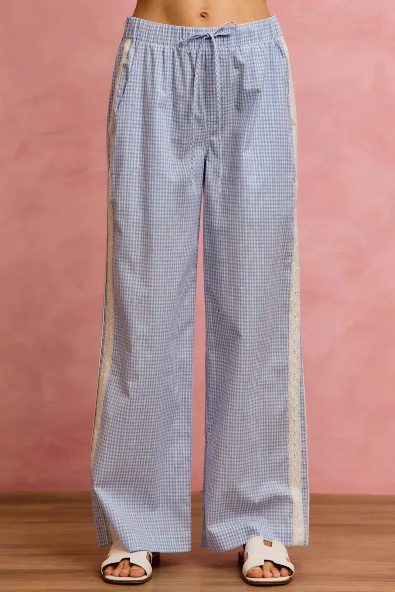 SO ME Wide Check  Pants With Side Lace Trim And Piping  Style Ratio