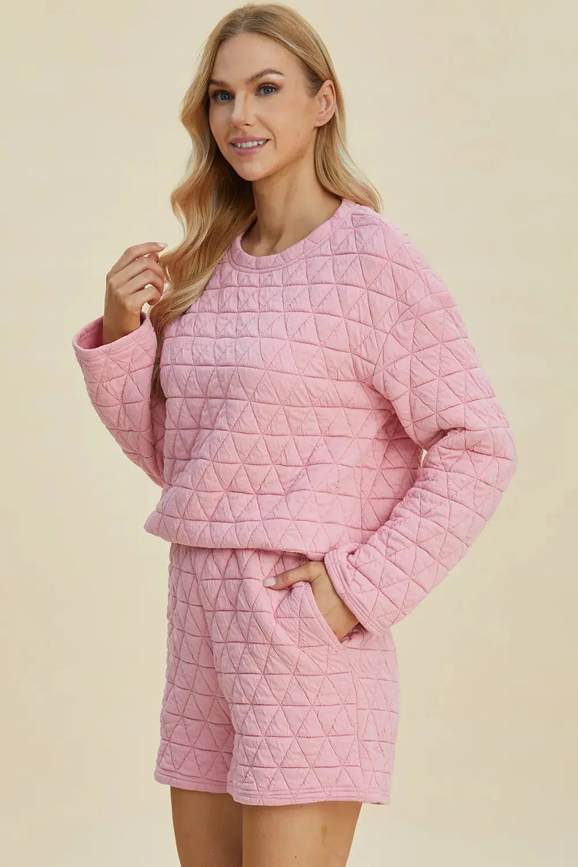 Double Take Texture Round Neck Long Sleeve Top and Shorts Set  Style Ratio