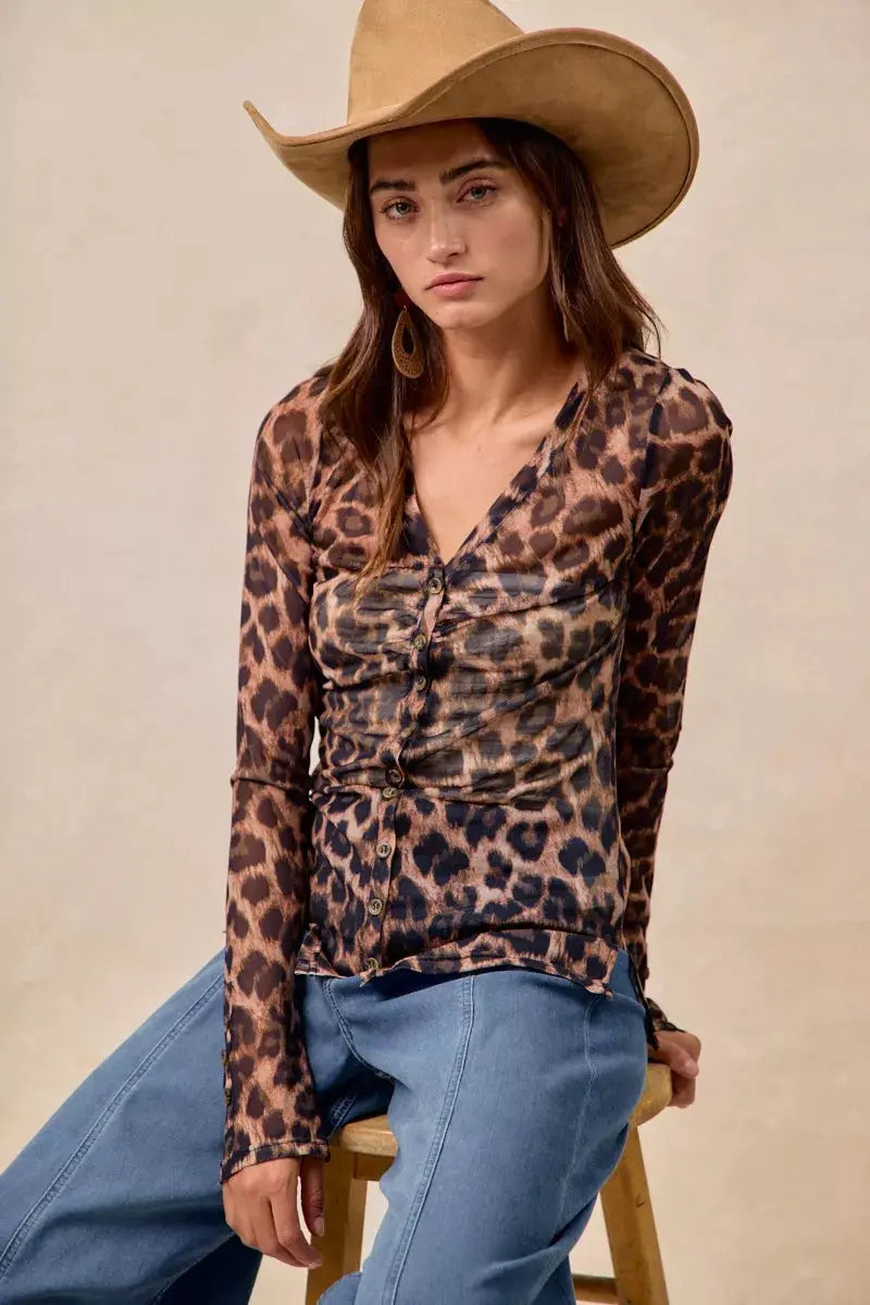 BiBi Leopard Printed Mesh Long Sleeve Top  Style Ratio